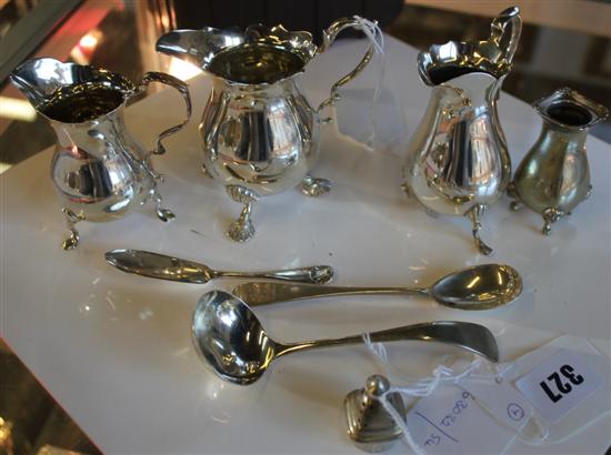 3 silver baluster cream jugs (1 a.f), silver pepper, small ladle, mustard spoon & butter knife